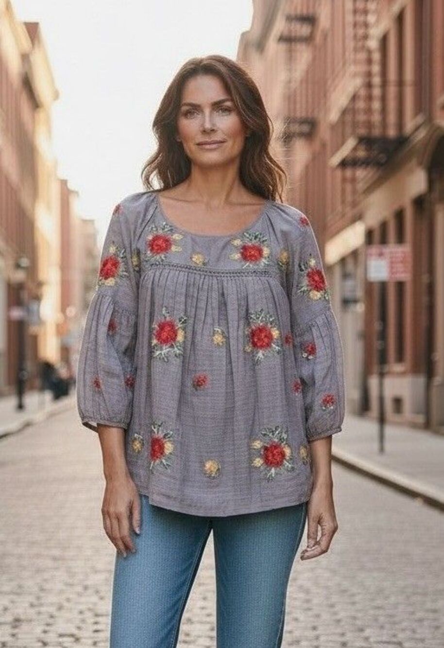 Fig and Flower Gray Embroidered Floral Blouse Women's Large 3/4 Sleeve Flowy